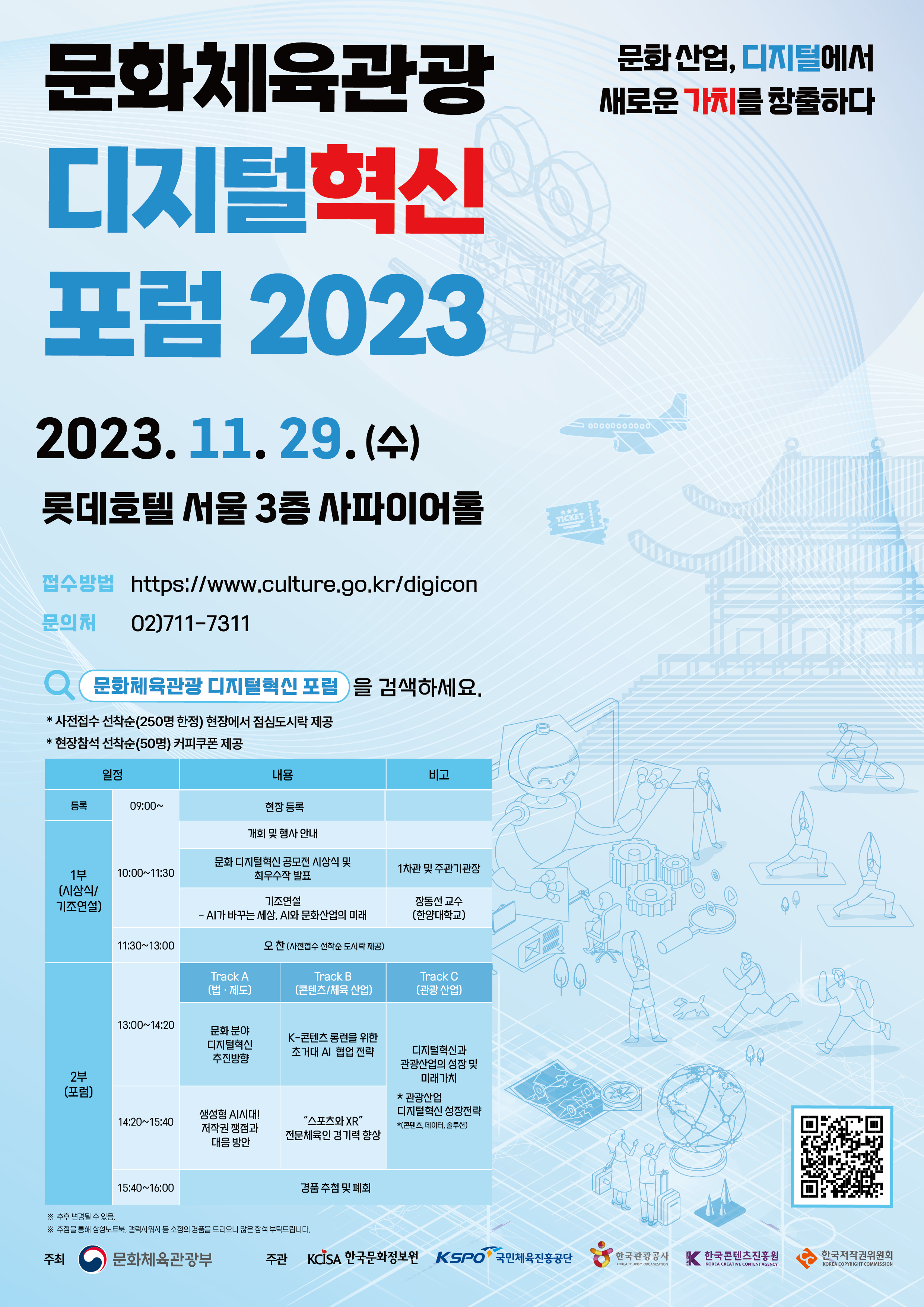 문화체육관광 디지털혁신 포럼 2023 포스터입니다. 문화산업, 디지털에서 새로운 가치를 창출하다. 2023년 11월 29일 수요일 롯데호텔 3층 사파이어홀에서 개최되며 접수방법은 https://www.culture.go.kr/digicon 에서 접수가능하며 문의처는 02-711-7311 입니다. 문화체육관광 디지털혁신 포럼을 검색하세요. 사전접수 선착순 250명 한정으로 현장에서 점심도시락 제공, 현장참석 선착순 50명에게는 커피쿠폰 제공